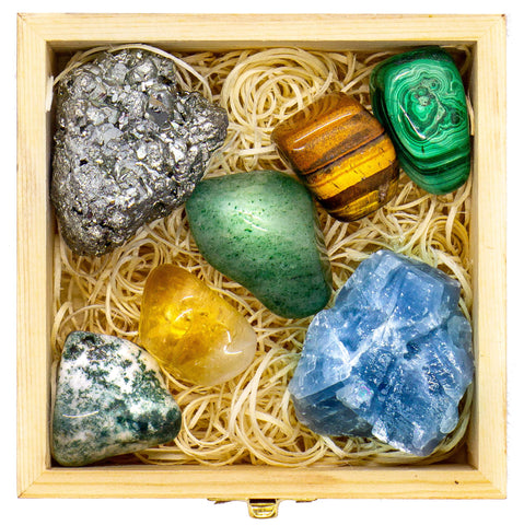 CRYSTALYA Abundance and Prosperity Healing Crystals, 100% Authentic, Wooden Gift Box + 50pg EBOOK- Malachite, Pyrite, Citrine, A