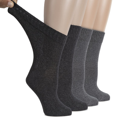Hugh Ugoli Women's Cotton Diabetic Crew Socks, Wide, Thin, Loose and Stretchy, Seamless Toe & Non-Binding Top, 4 Pairs, Charcoal
