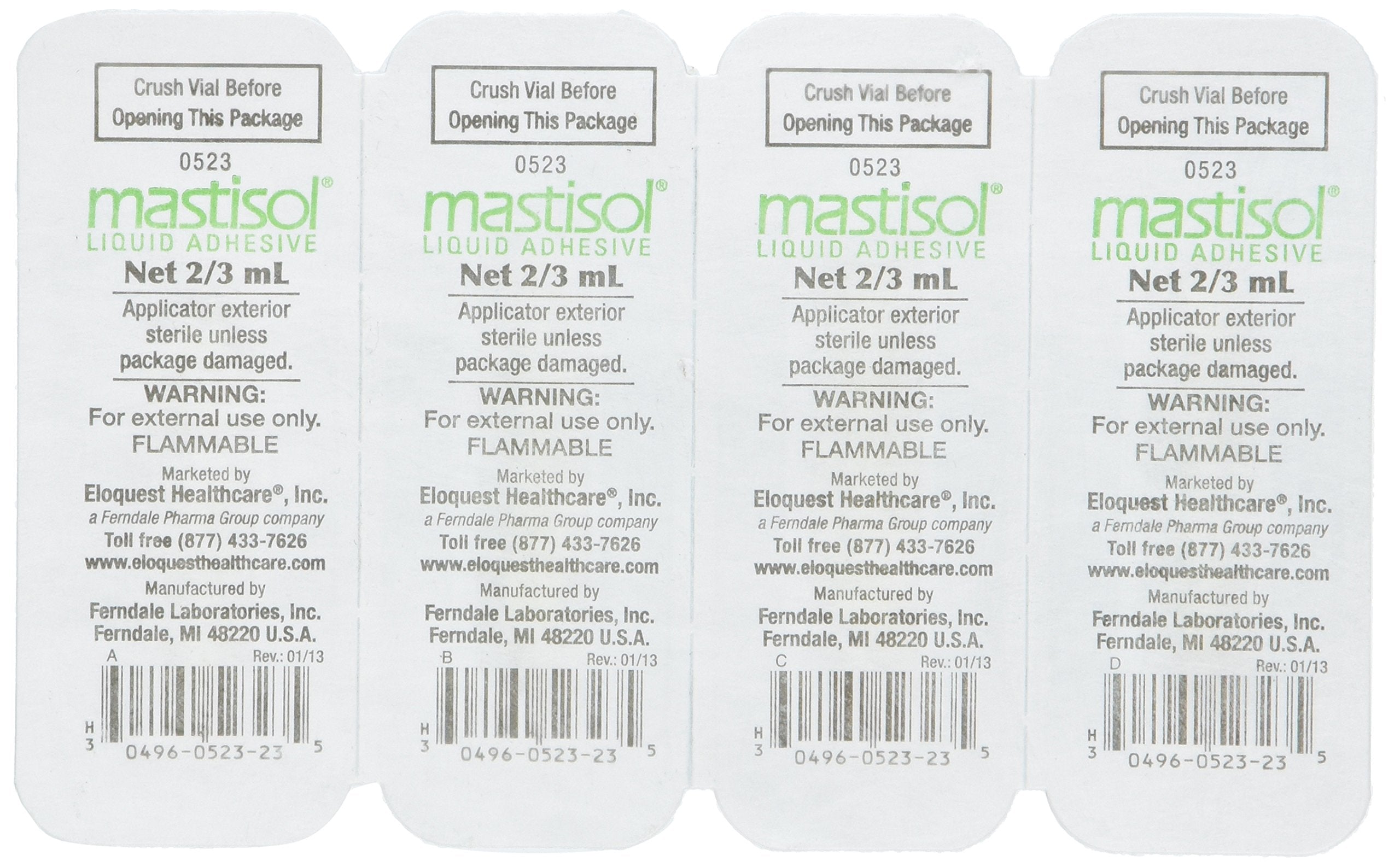 Mastisol Medical Liquid Adhesive 2/3 mL Vials, Four (4) Vials
