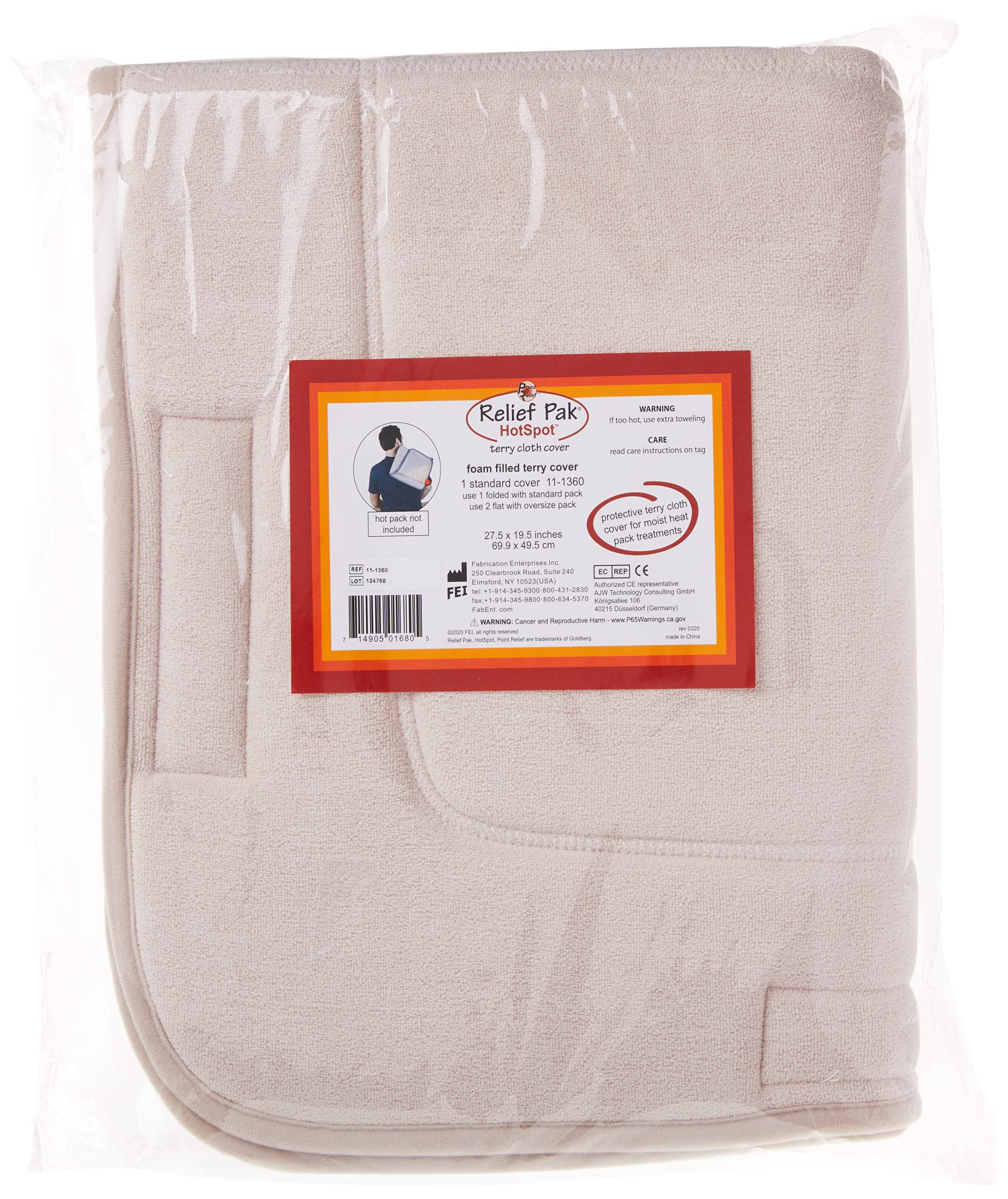 Relief Pak 11-1360 Standard Terry Cover Hot Pack, 27 Length x 19.5 Width