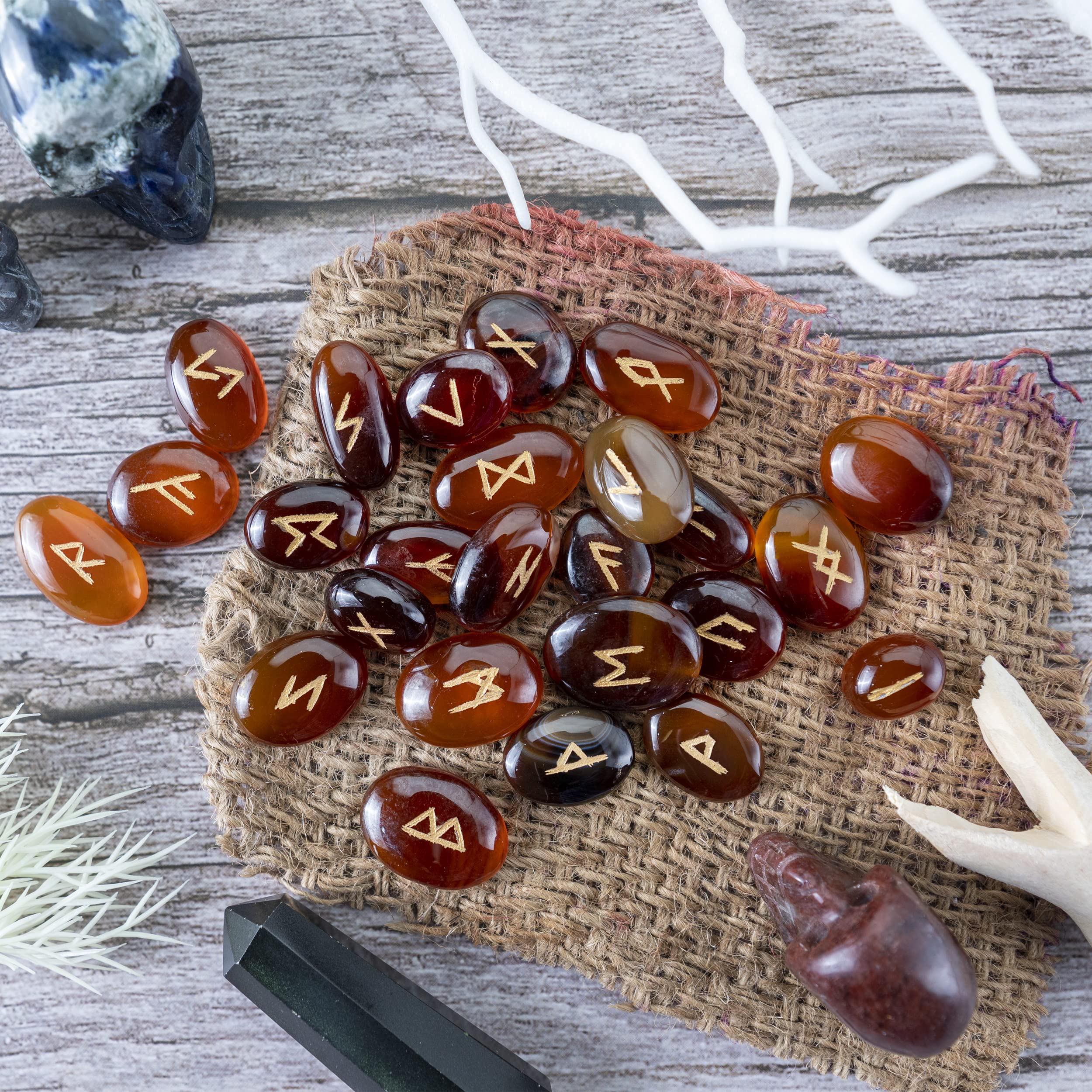 Crocon Brown Onyx Stone Handmade Rune Stones with Elder Futhark Alphabet Engraved 25 pcs Runes Stones Crystal Set for Beginners