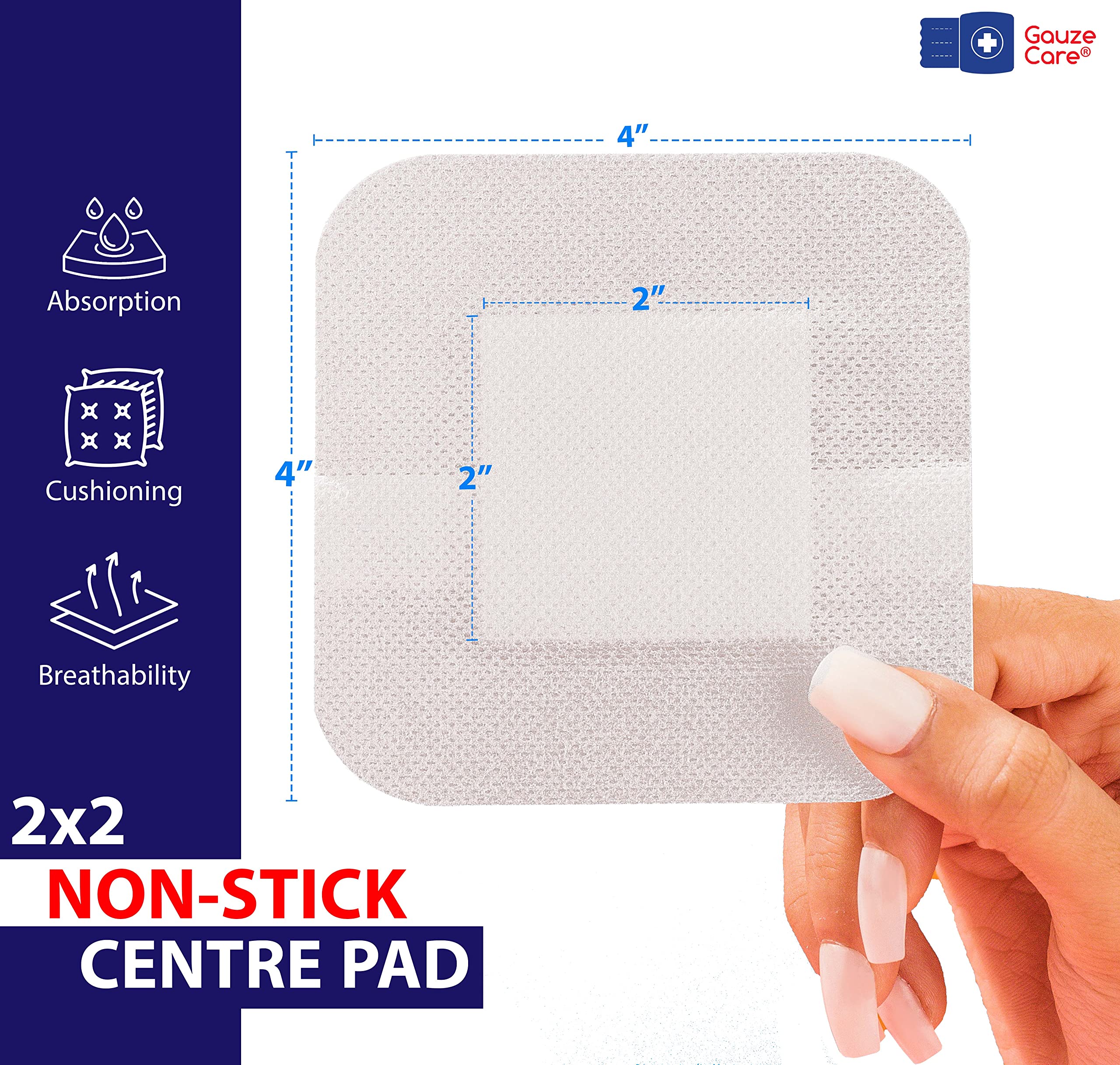 GauzeCare Island Dressing 4x4 inch 28 Pcs| Individually Packed Sterile Pouches| 2x2 Non-Stick Pad in Center with Acrylic Adhesiv