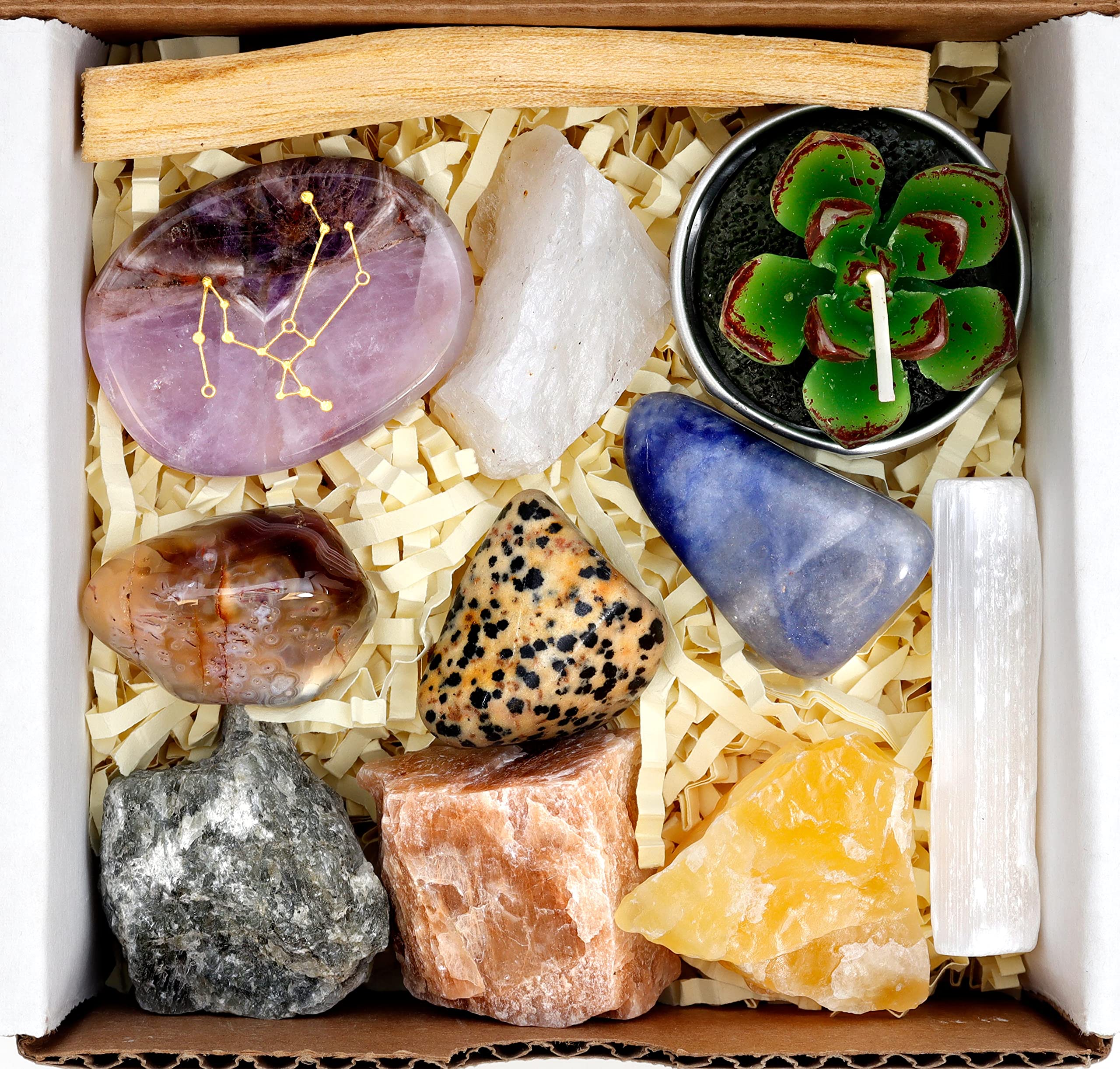 DANCING BEAR Sagittarius Zodiac Healing Crystals Gift Set (14 Pc): 9 Stones, 18K Gold-Plated Constellation Necklace, Meteorite,