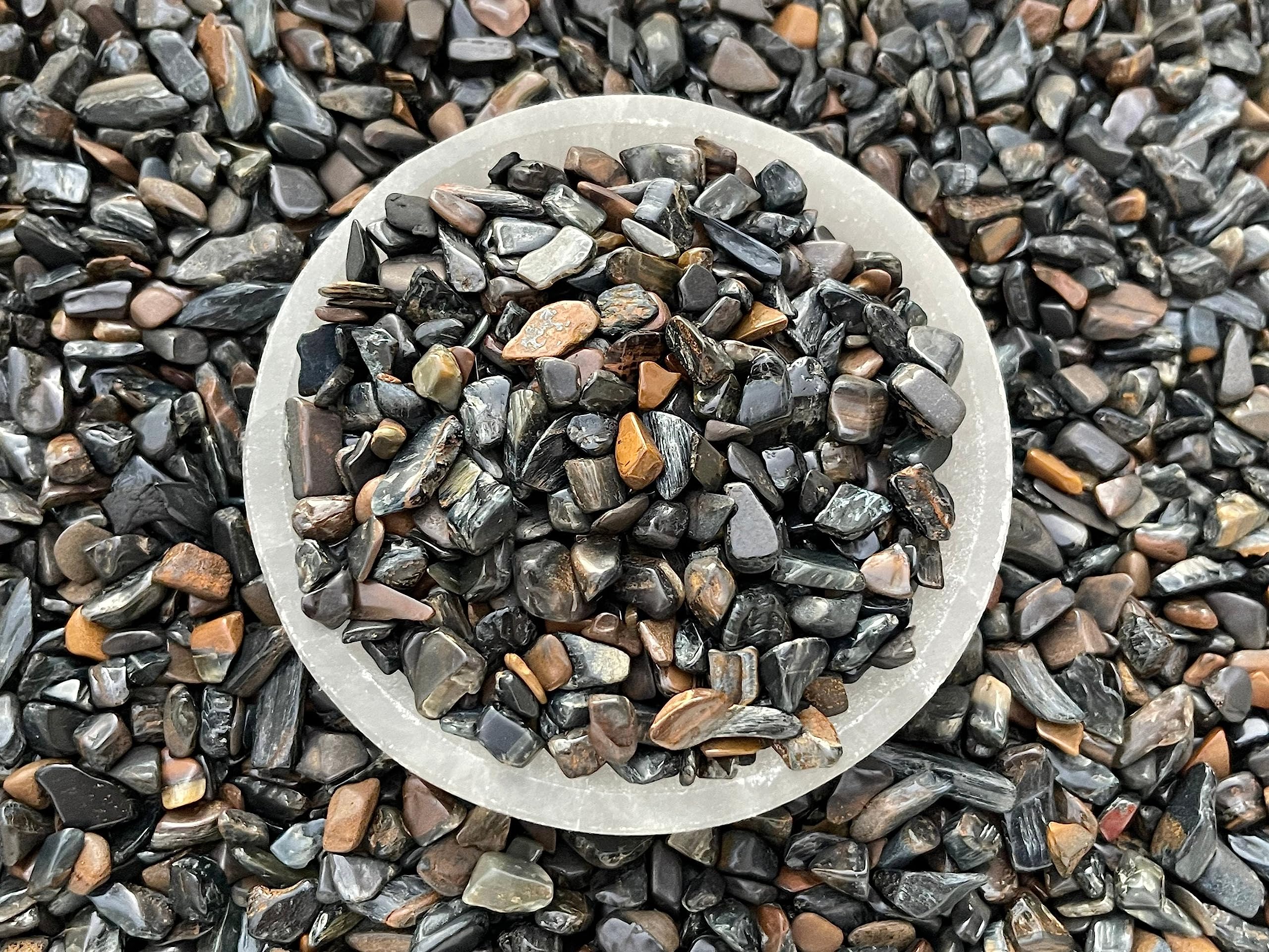 GAF TREASURES 2 oz Lot Natural Blue Tiger Eye Semi Tumbled Gemstone Chips, Crushed Mini Crystals, Undrilled Crystal Chips (Blue