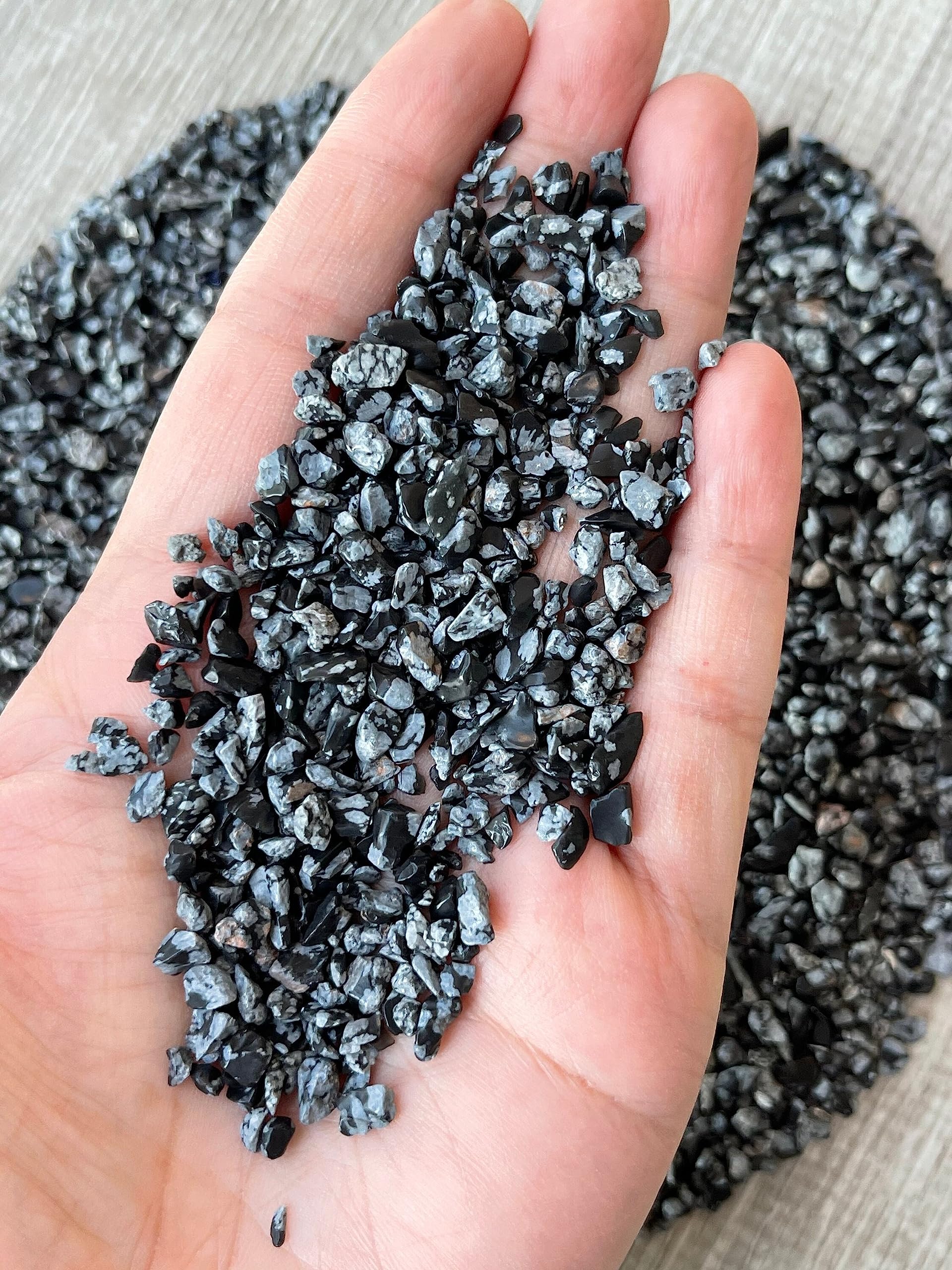 GAF TREASURES 2 oz Lot Natural Semi Tumbled Gemstone Chips, Crushed Mini Crystals, Undrilled Crystal Chips (Snowflake Obsidian)