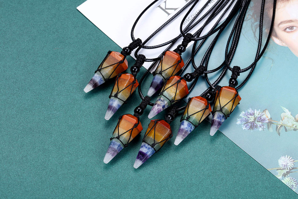 Top Plaza 5 Pcs Healing Crystal Necklaces Stone 6 Facet Pointed Pendant Necklaces Adjustable Natural Reiki Gemstone Necklace Qua