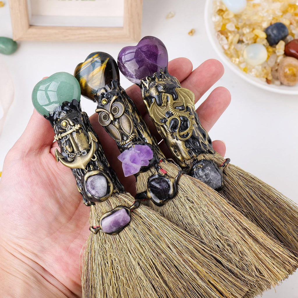 Natural Red Agate Magic Witch Broom - Handmade Healing Crystal for Energy Cleansing, Space Purification & Reiki Healing - Spirit