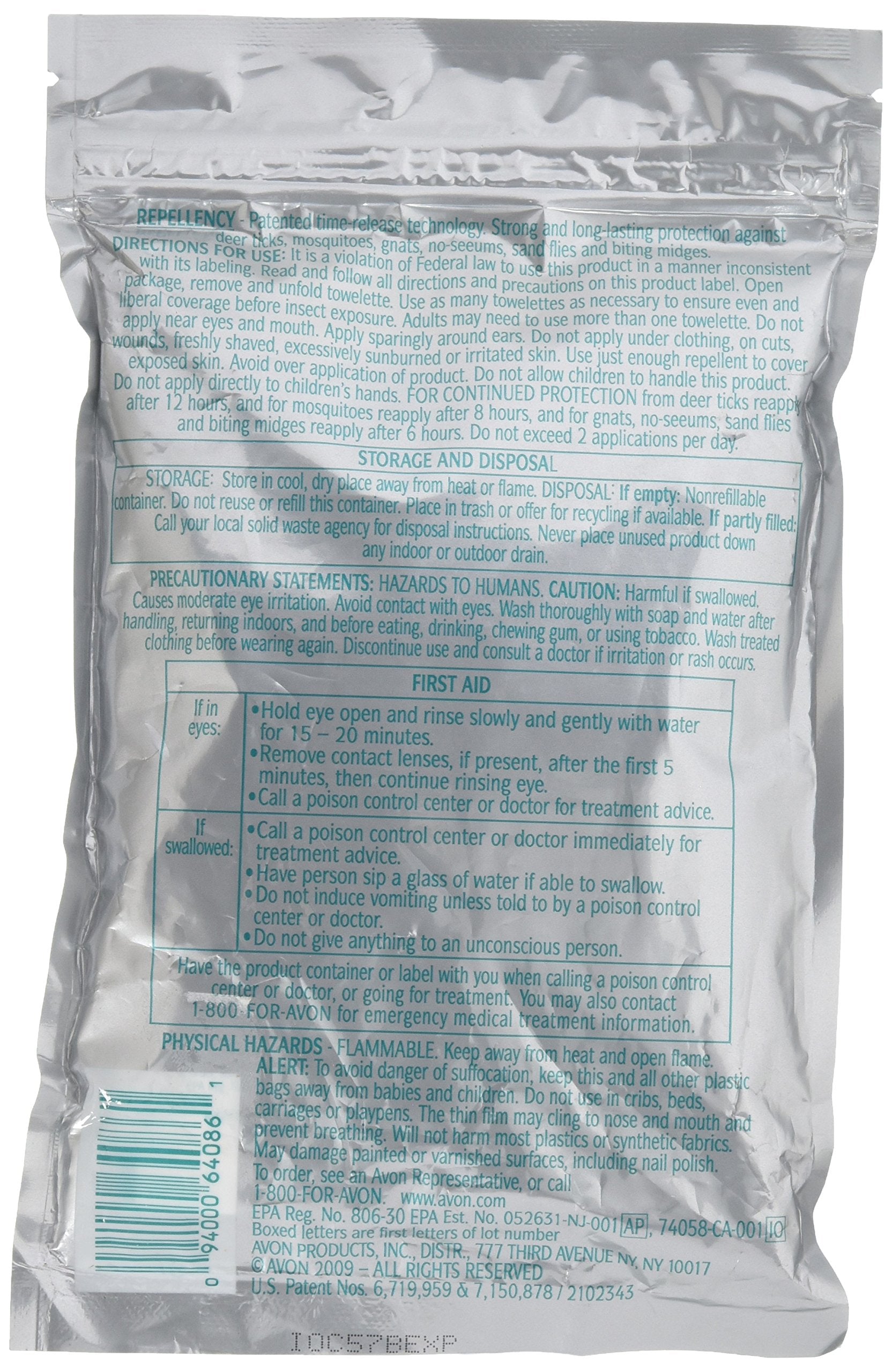 Avon Skin So Soft Bug Guard Plus Picaridin Towelettes - DEET-Free, Oil-Free, Resealable Bag with 8 Packets - Protection Against