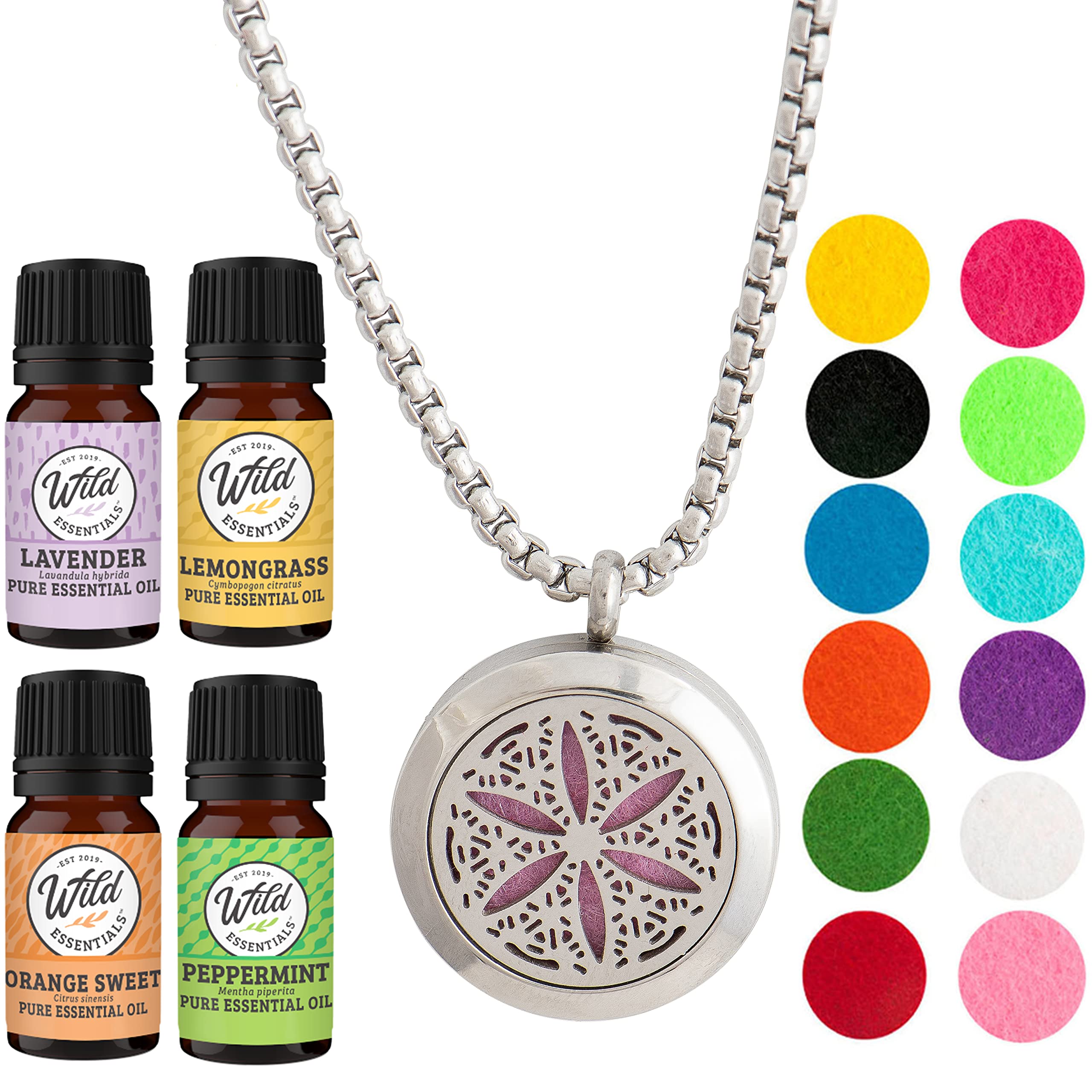 Wild Essentials Flower of Life Necklace Essential Oil Diffuser Kit, Lavender, Lemongrass, Peppermint, Orange Oils, 12 Refill Pad