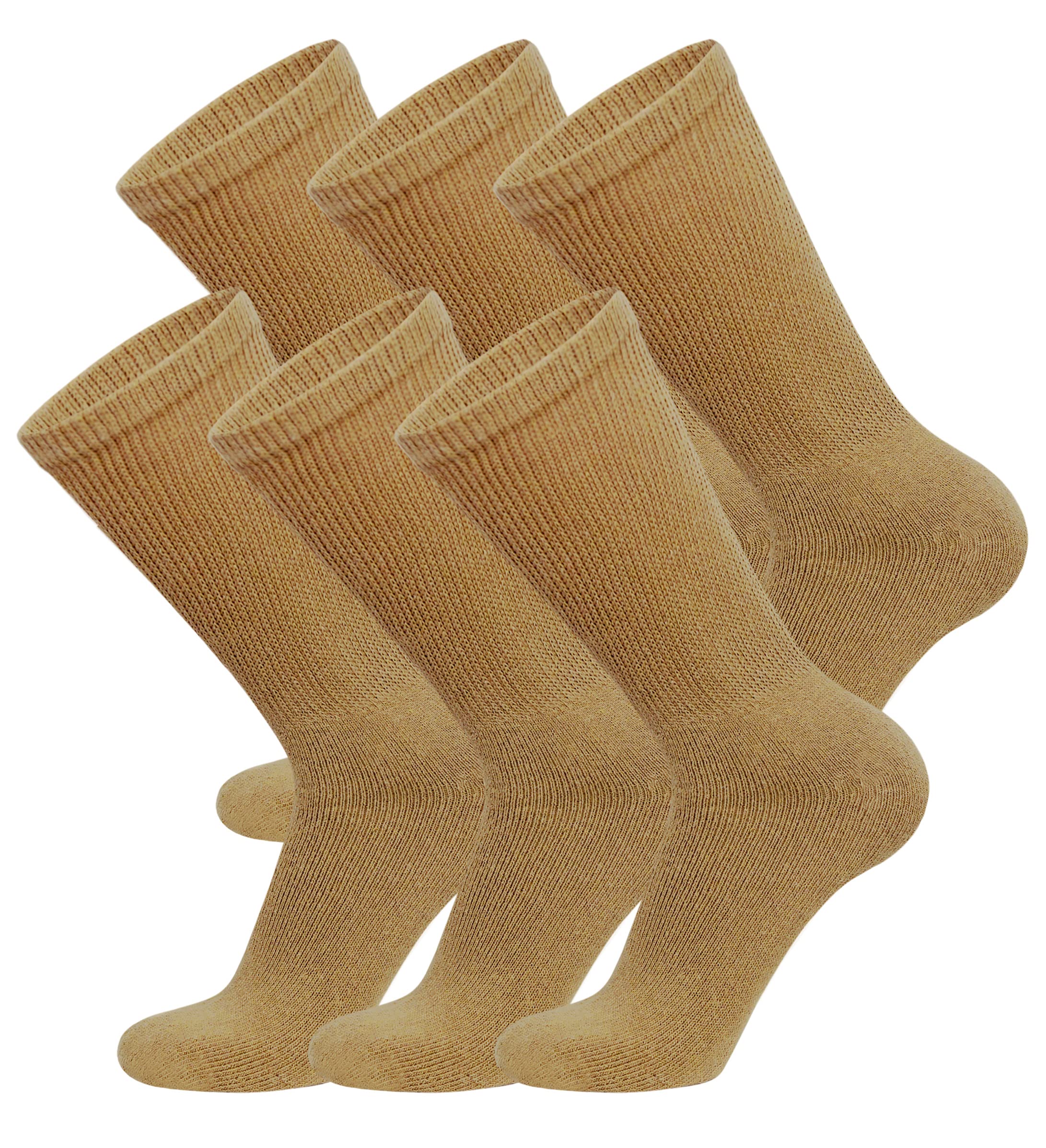 6 Pairs of Cotton Diabetic Non-Binding Neuropathy Crew Socks (Khaki, Fits Mens Shoe Size 9-12/Womens Shoe Size 10-13)