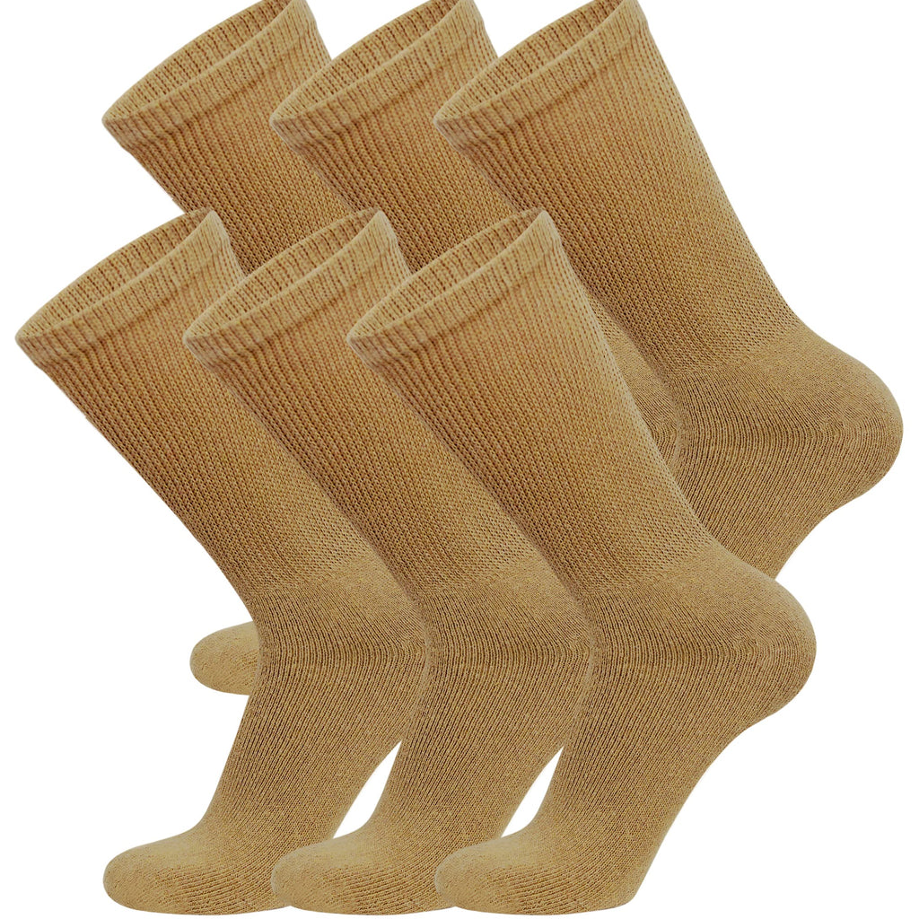 6 Pairs of Cotton Diabetic Non-Binding Neuropathy Crew Socks (Khaki, Fits Mens Shoe Size 9-12/Womens Shoe Size 10-13)
