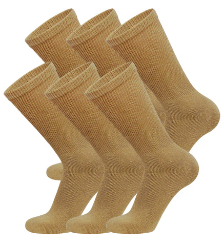 6 Pairs of Cotton Diabetic Non-Binding Neuropathy Crew Socks (Khaki, Fits Mens Shoe Size 8-10/Womens shoe size 9-11)