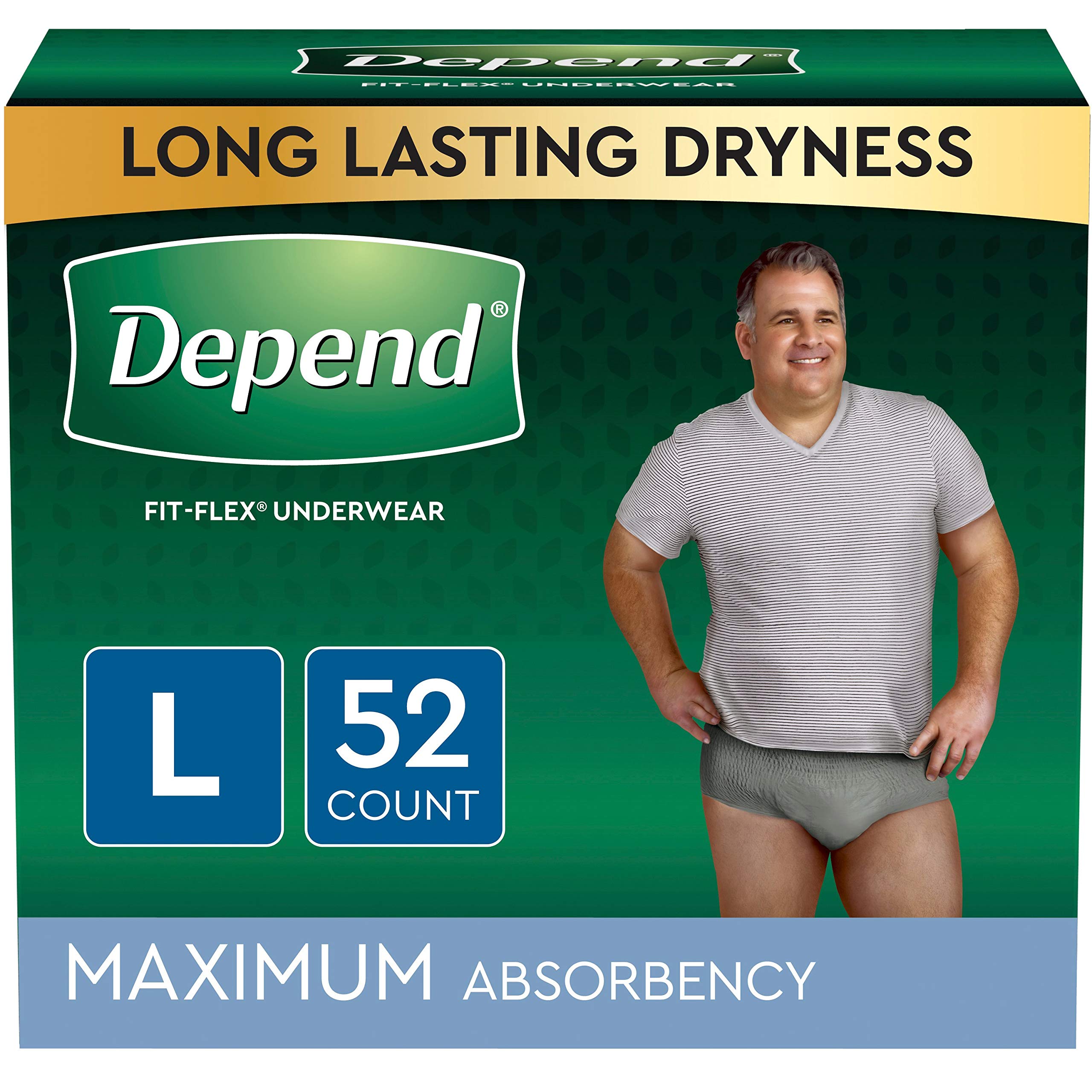 Depend FIT-FLEX Incontinence Underwear for Men, Maximum Absorbency, Disposable, Large, Grey, 52 Count (2 Packs of 26) (Packaging