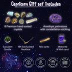 DANCING BEAR Capricorn Zodiac Healing Crystals Gift Set (14 Pc): 9 Stones, 18K Gold-plated Constellation Necklace, Meteorite, Su