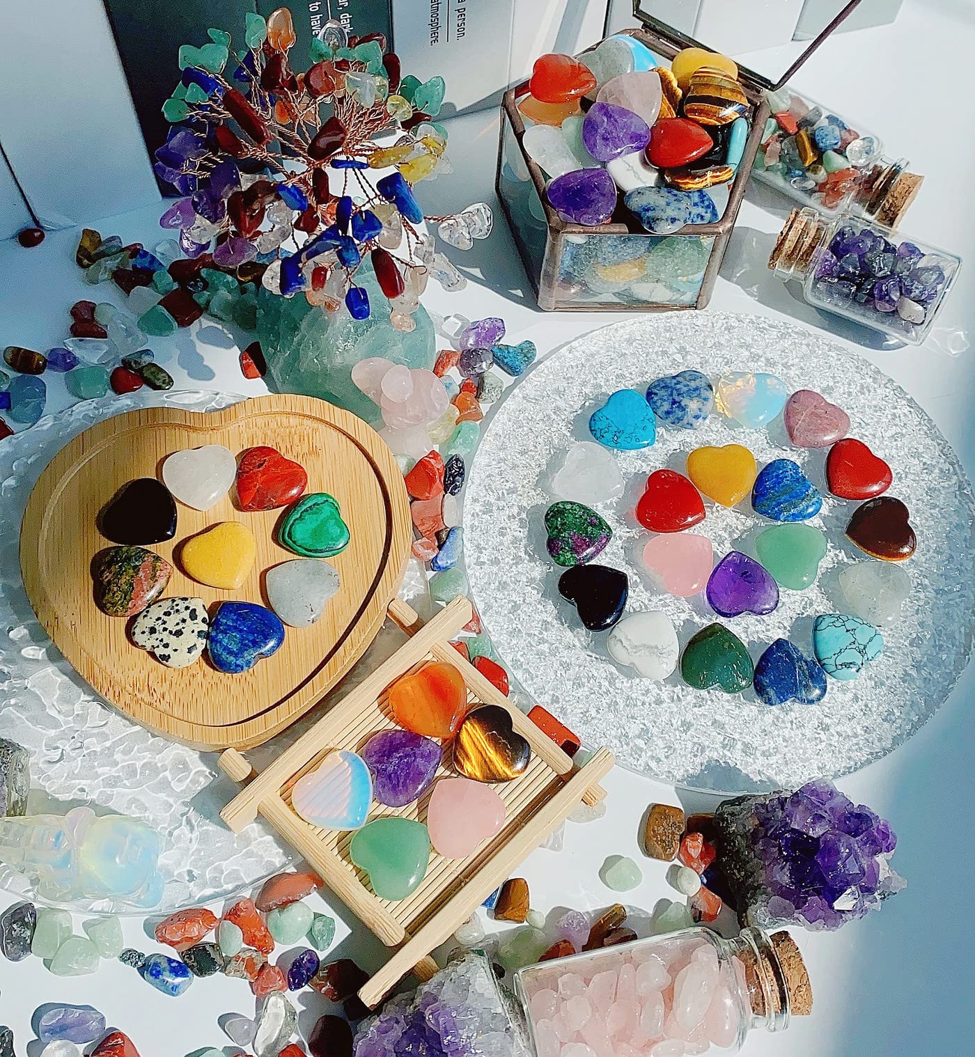 15 PCS Heart Crystals Healing Natural Pocket Stones Polished Love Shaped Palm Gemstones Rose Quartz Amethyst Assorted Set Reiki