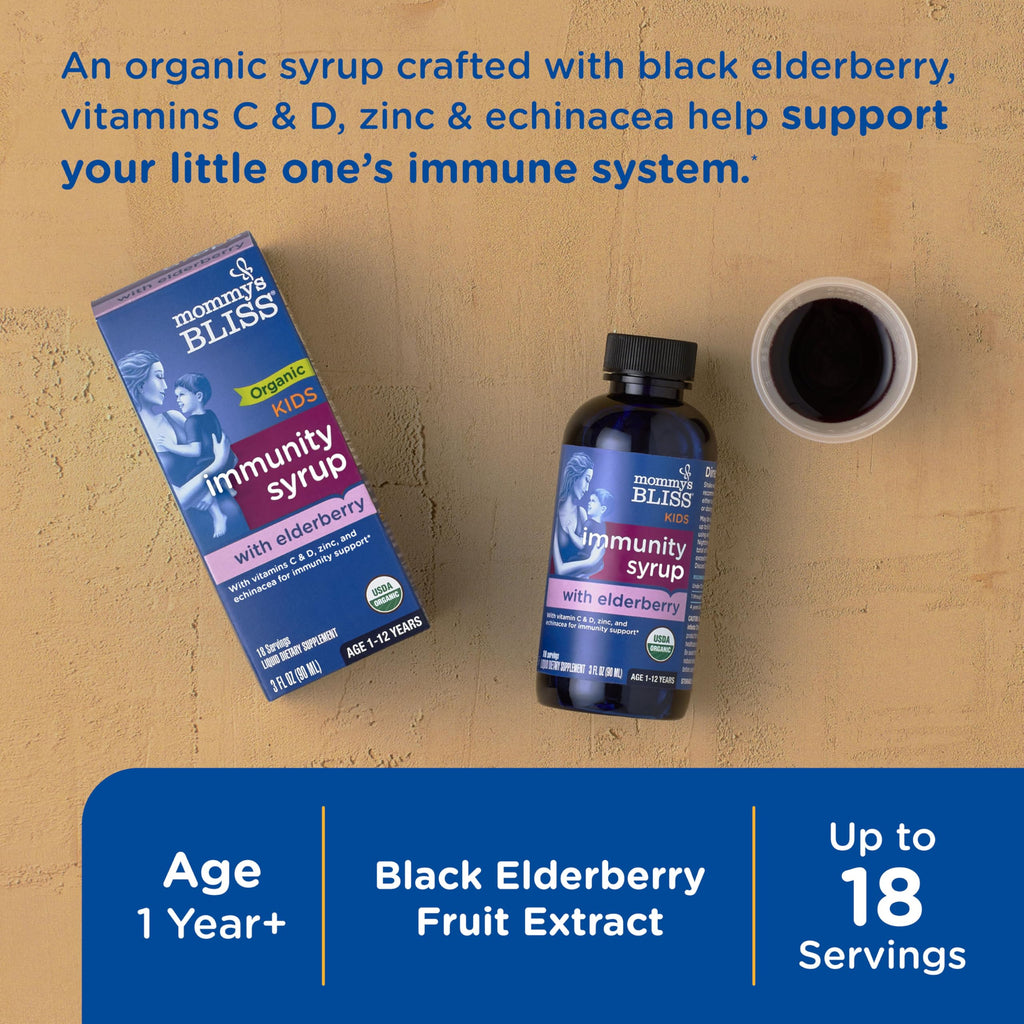 Mommys Bliss Organic Elderberry Syrup & Immunity Boost With Vitamins, Prebiotics & Echinacea for Kids & Adults 1 yr+, 3 Fl Oz