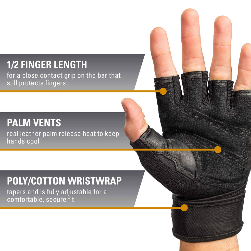 Harbinger Pro Wristwrap Weightlifting Gloves with Vented Cushioned Leather Palm (Pair), Medium, Black