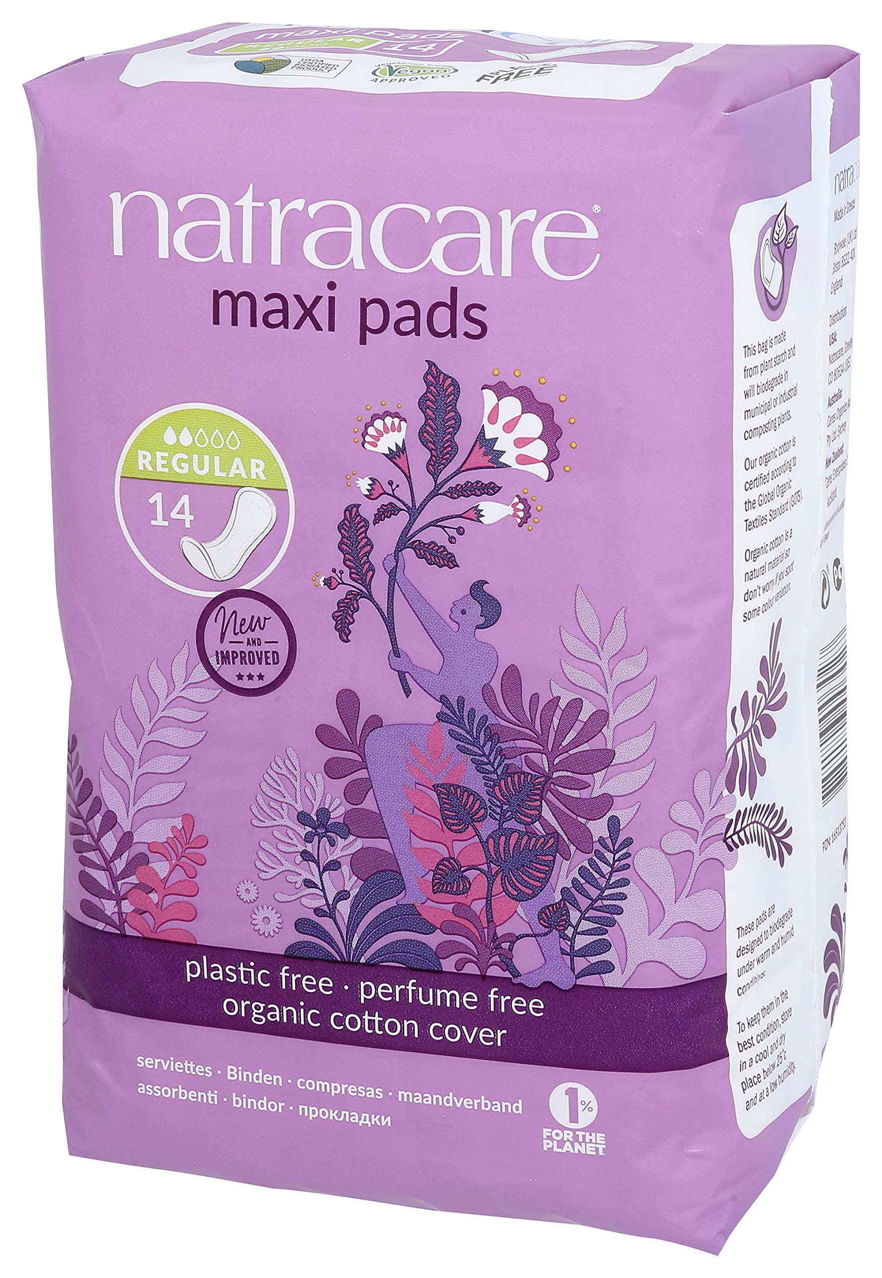 Natracare Natural Traditional Style Maxi Pads, Regular, Individually Wrapped, Without Wings in Plant-Based Bag (1 Pack, 14 Pads