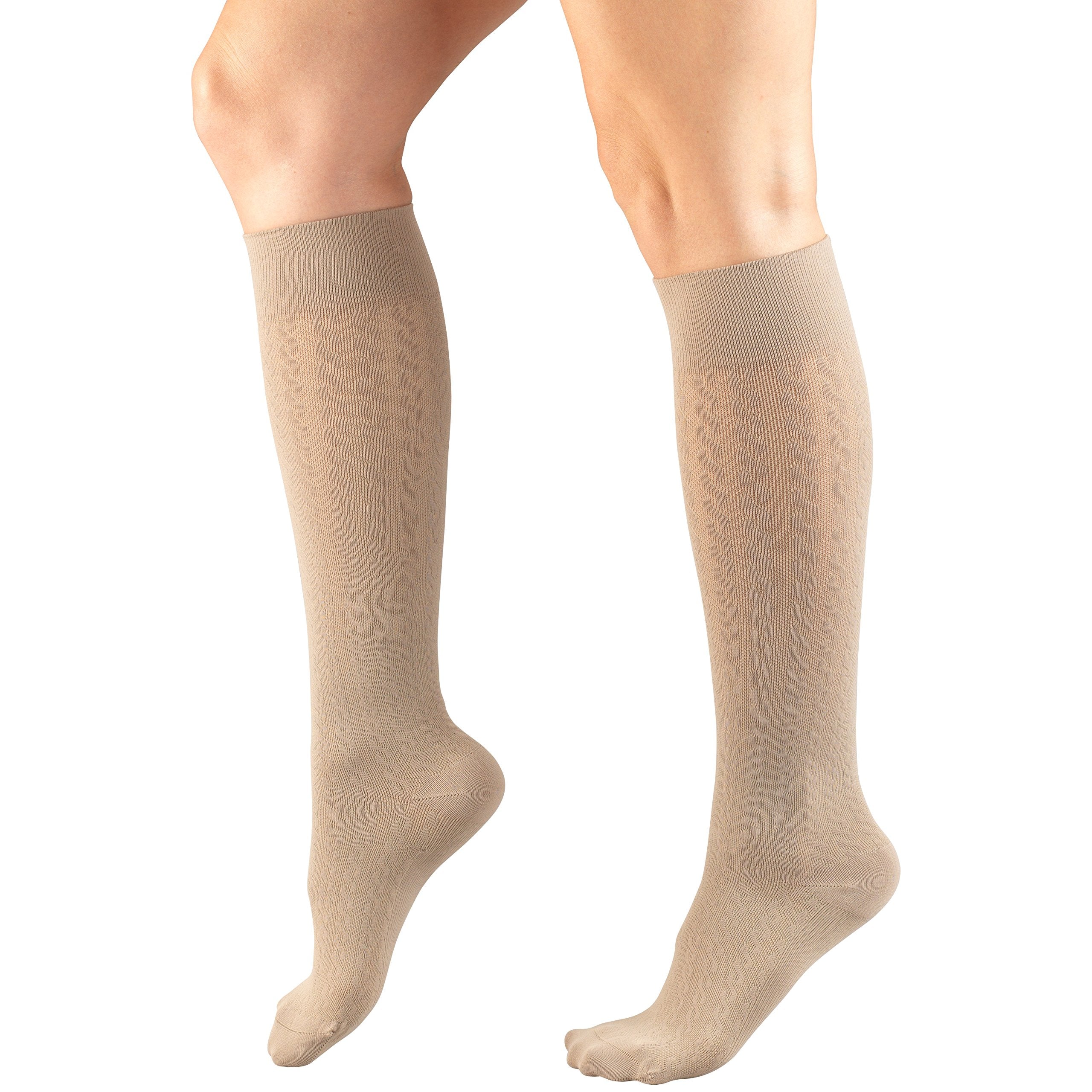 Truform Compression Socks, 15-20 mmHg, Women's Dress Socks, Knee High Over Calf Length, Tan Cable Knit, X-Large