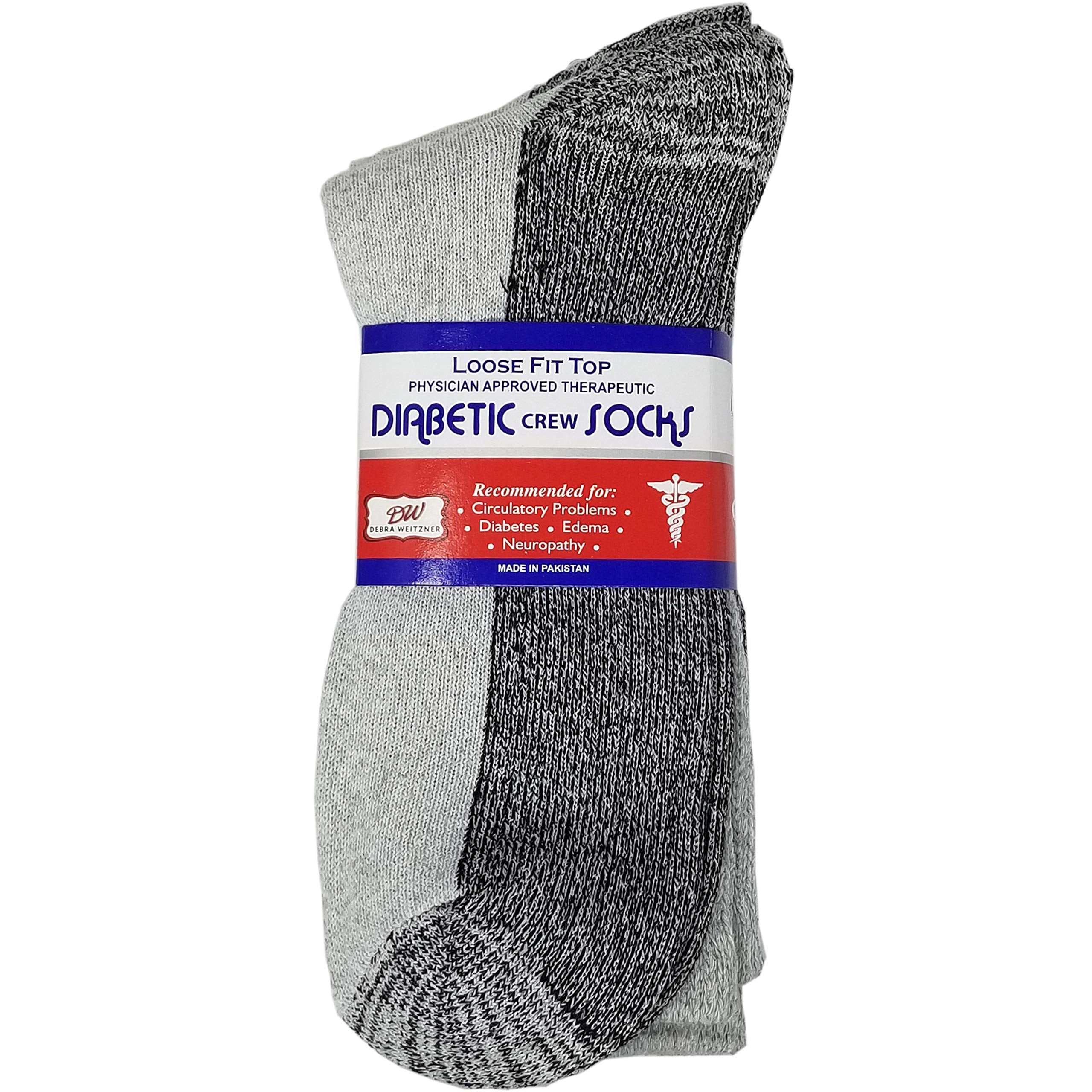 Debra Weitzner 6 Pairs Diabetic Crew Socks Reinforced Heel and Toe Non-Binding Cushion Socks for Men and Women Grey/Black Sole 9