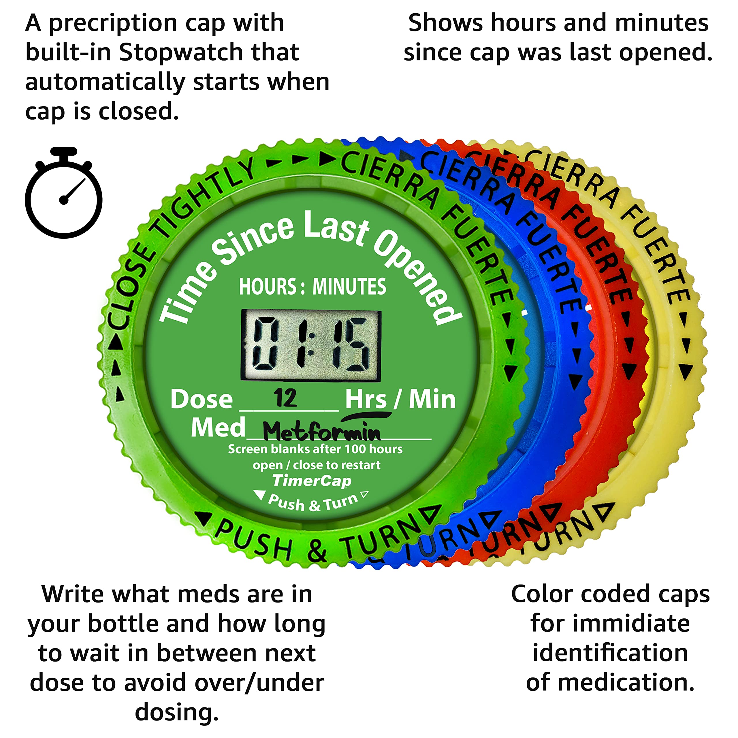 TimerCap Automatically Displays Time Since Last Opened - Built-in Stopwatch Smart Pill Bottle Cap Medication Reminder Case ( Qty