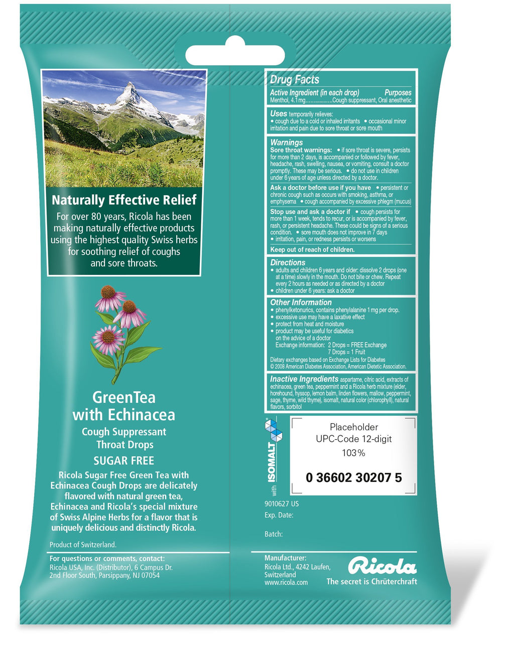 Ricola Sugar Free Green Tea with Echinacea Cough Suppressant Throat Drops 19ct Bag(Pack of 3)