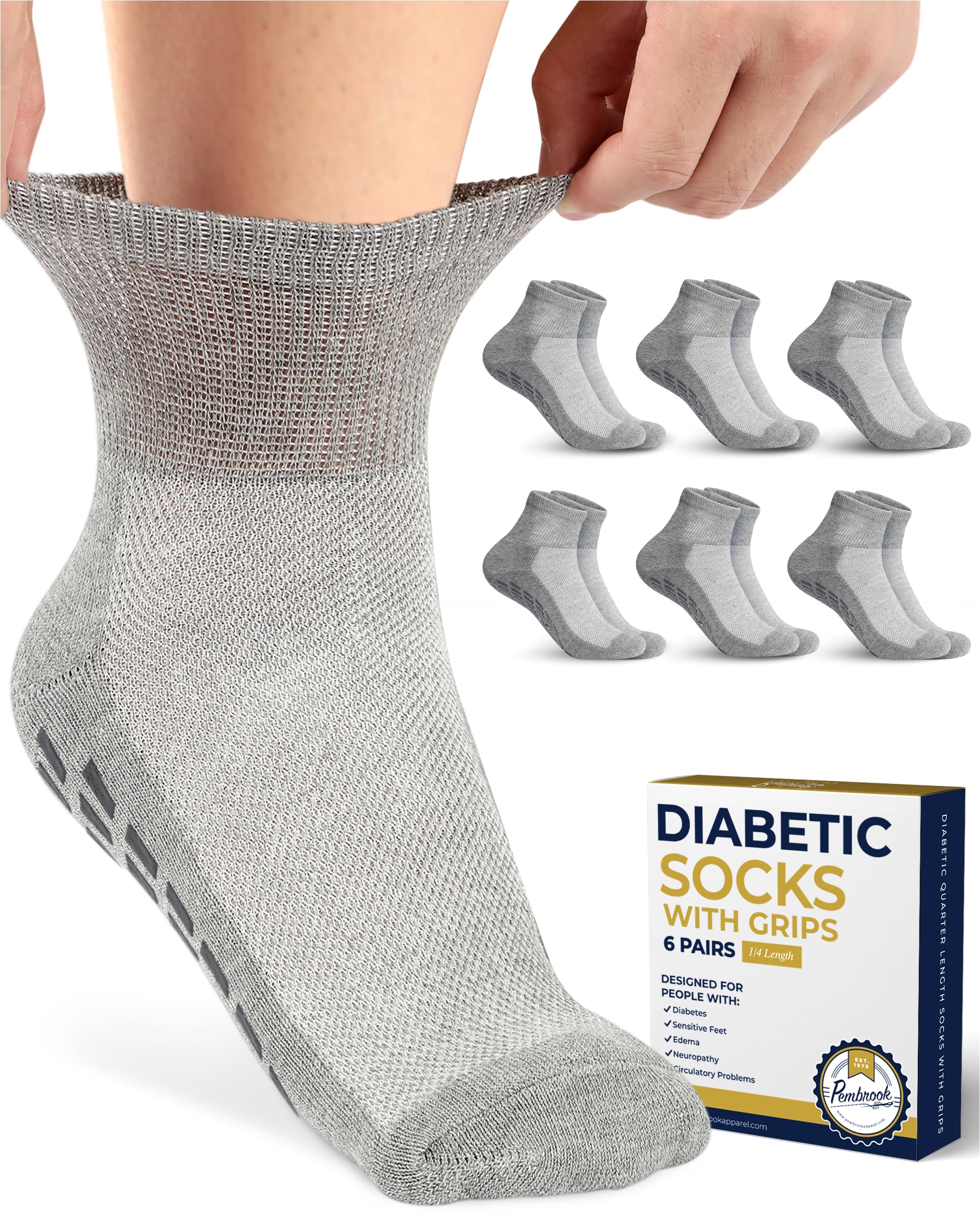Pembrook Diabetic Ankle Socks for Men & Women with Grips | 6 Pairs Quarter Length Wide Non Binding Diabetic Socks for Men Non Sl