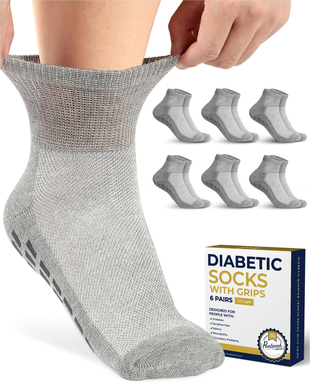 Pembrook Diabetic Ankle Socks for Men & Women with Grips | 6 Pairs Quarter Length Wide Non Binding Diabetic Socks for Men Non Sl