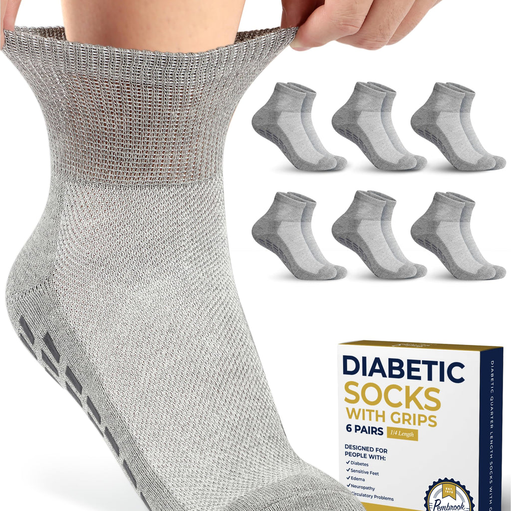Pembrook Diabetic Ankle Socks for Men & Women with Grips | 6 Pairs Quarter Length Wide Non Binding Diabetic Socks for Men Non Sl