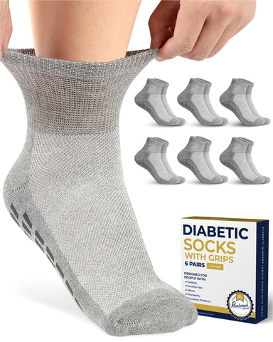 Pembrook Diabetic Ankle Socks for Men & Women with Grips | 6 Pairs Quarter Length Wide Non Binding Diabetic Socks for Men Non Sl
