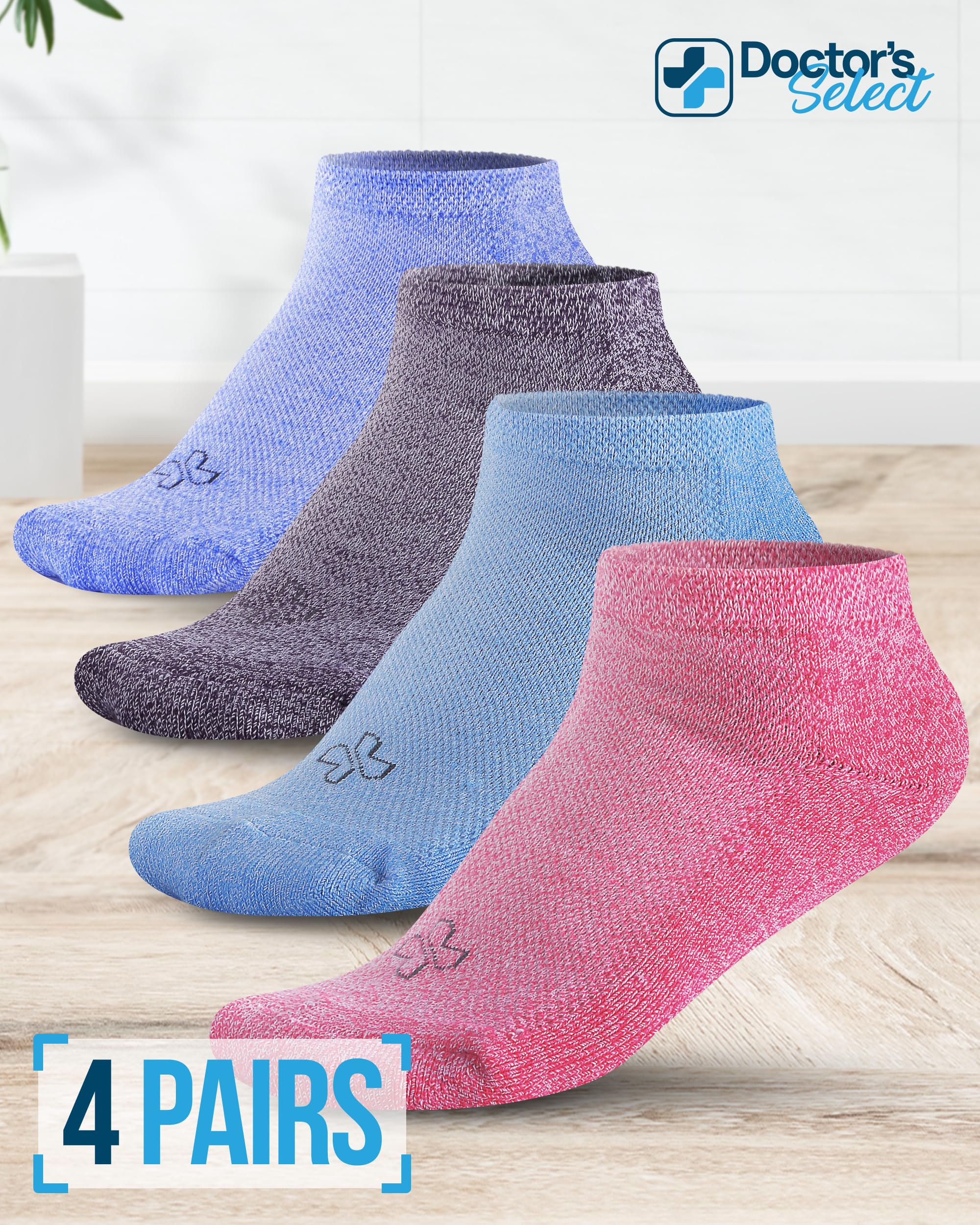 Doctor's Select Ankle Bamboo Viscose Diabetic Socks for Women & Men - 4 Pairs | Light Blue, Blue, Purple, Pink | Extra Wide Calf