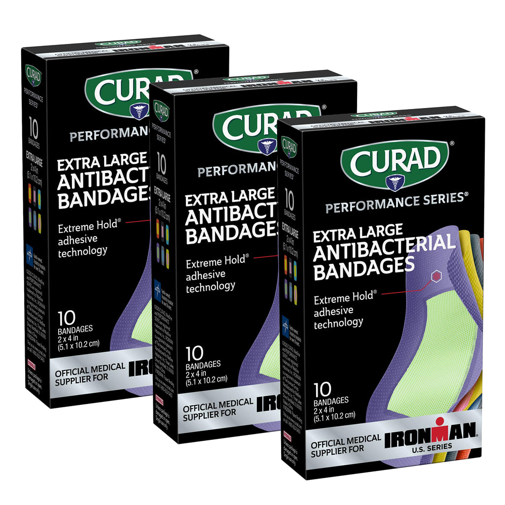 CURAD Performance Series IRONMAN Antibacterial Bandages, Extreme Hold Adhesive Technology, Extra Large Flexible Fabric Bandages 