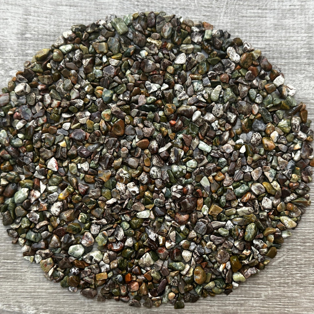 GAF TREASURES 2 oz Lot Natural Semi Tumbled Rhyolite Gemstone Chips, Crushed Mini Rhyolite Crystals, Undrilled Crystal Chips (Rh