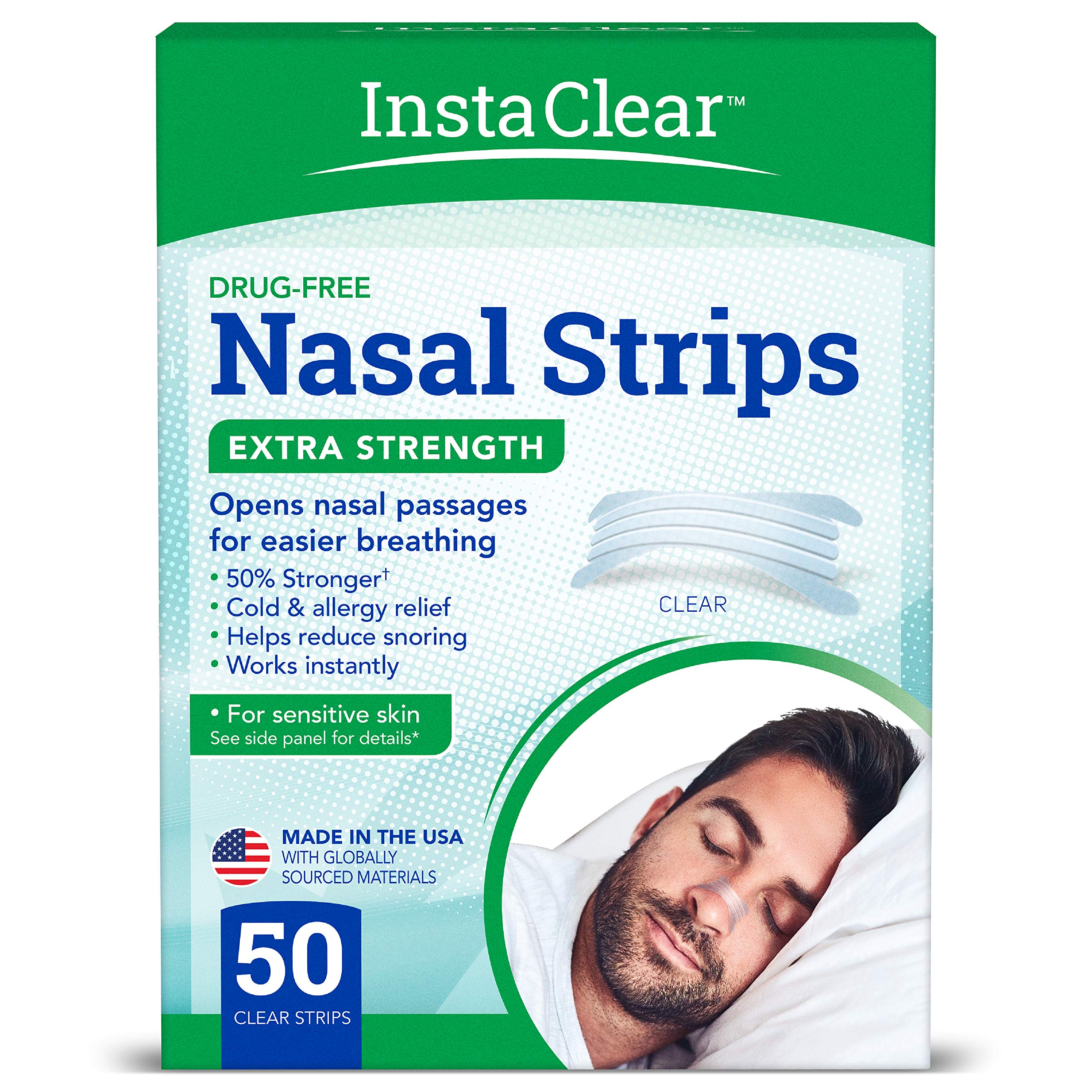 Instaclear Extra-Strength Nasal Breathing Strips Clear 50 ct | Works Instantly, Nasal Congestion Relief, Stops Snoring, Cold & A