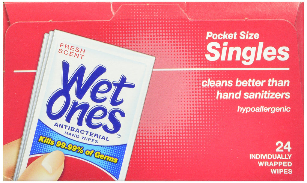 Wet Ones Antibacterial Hand and Face Wipes Singles, 24 Count (Pack of 5)