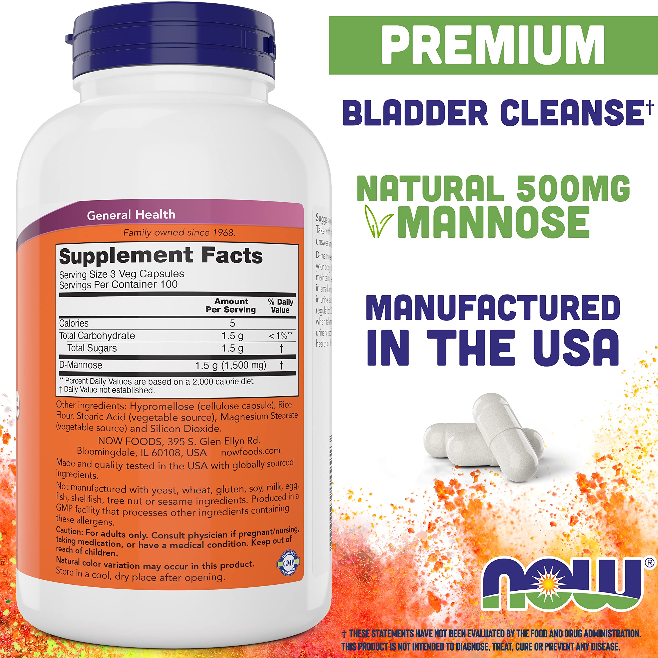 Now D-Mannose 500 mg, 300 Capsules - Vegan, Non GMO Supplement for Women and Men - Supports Healthy Urinary Tract, Cleanses The
