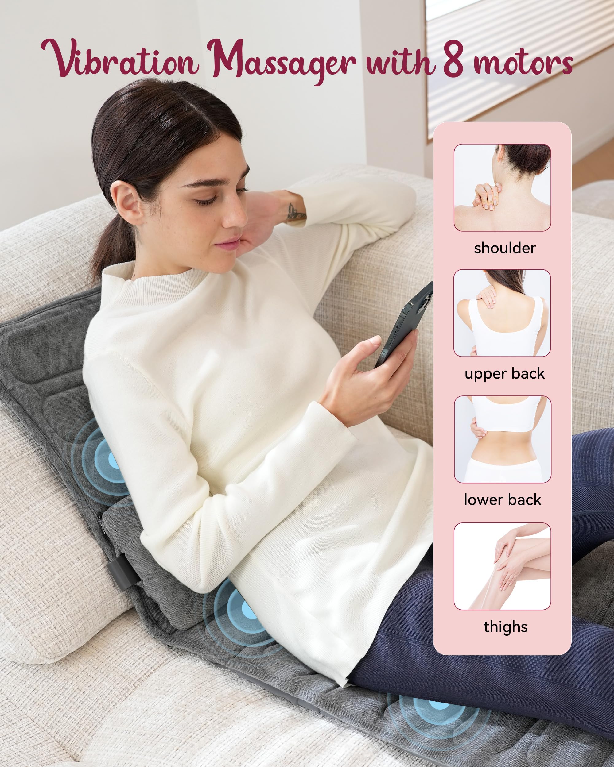 THERAZZAGGE Full Body Massage Mat with Heat, Vibration Back Massager, 8 Vibrating Motors, 2 Heating Pads for Back, Massage Chair