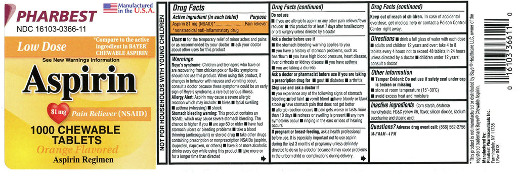 PHARBEST Aspirin 81mg Chewable Orange Tablets 1000 Count Per Bottle