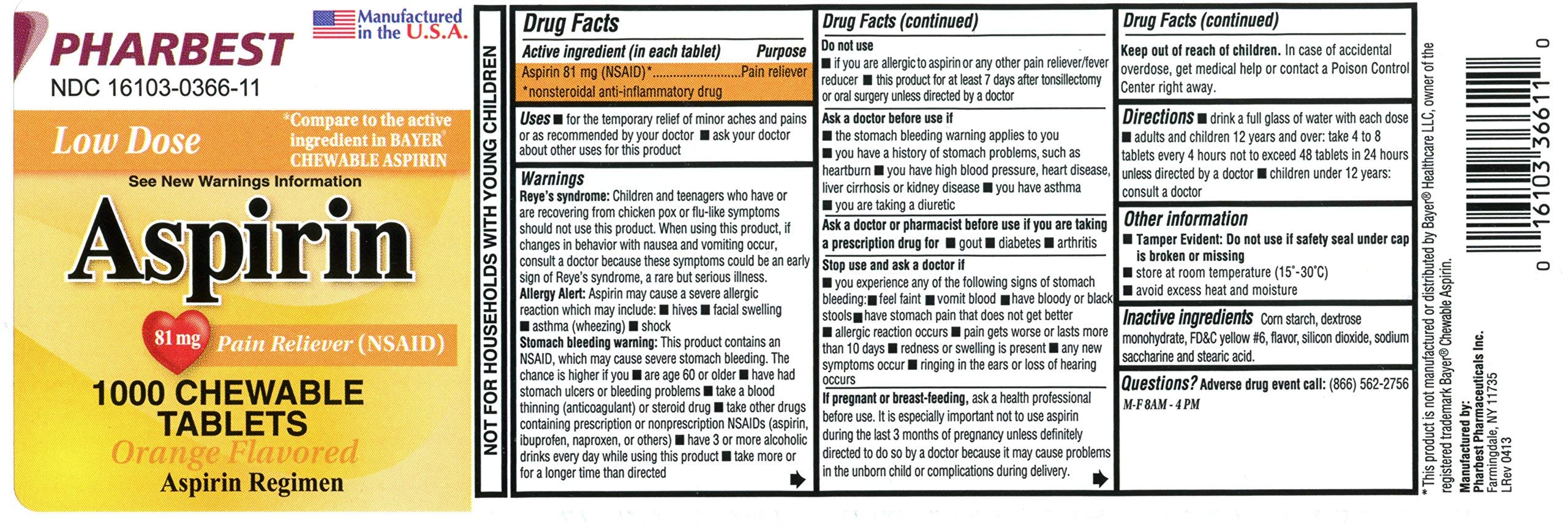 PHARBEST Aspirin 81mg Chewable Orange Tablets 1000 Count Per Bottle
