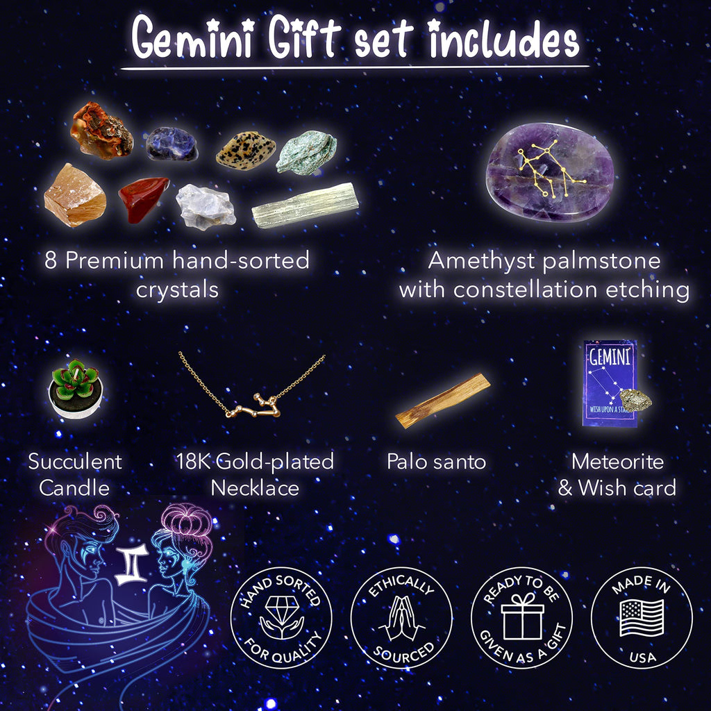 DANCING BEAR Gemini Zodiac Healing Crystals Gift Set (14 Pc): 9 Stones, 18K Gold-Plated Constellation Necklace, Meteorite, Succu