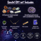 DANCING BEAR Gemini Zodiac Healing Crystals Gift Set (14 Pc): 9 Stones, 18K Gold-Plated Constellation Necklace, Meteorite, Succu