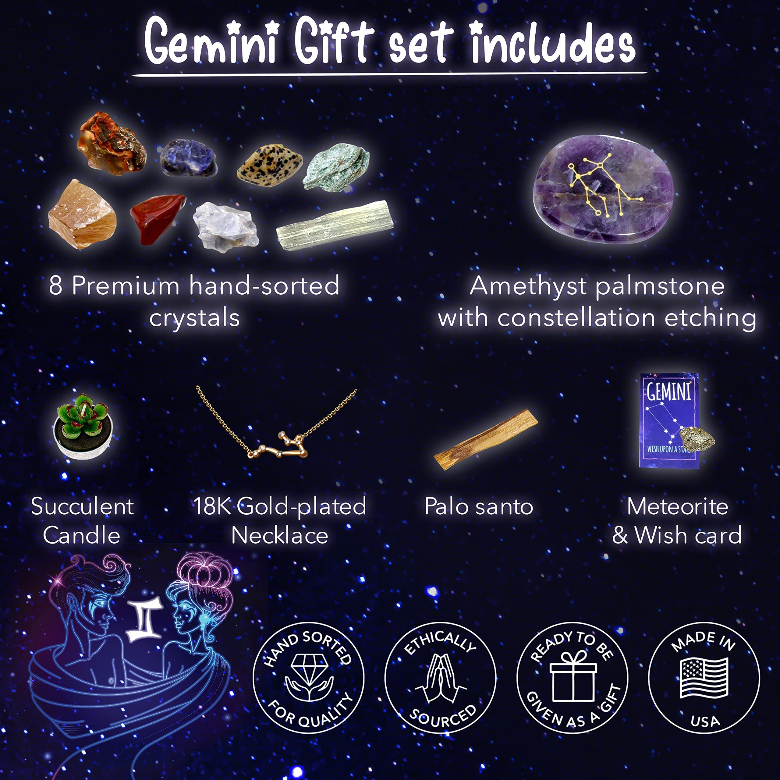 DANCING BEAR Gemini Zodiac Healing Crystals Gift Set (14 Pc): 9 Stones, 18K Gold-Plated Constellation Necklace, Meteorite, Succu