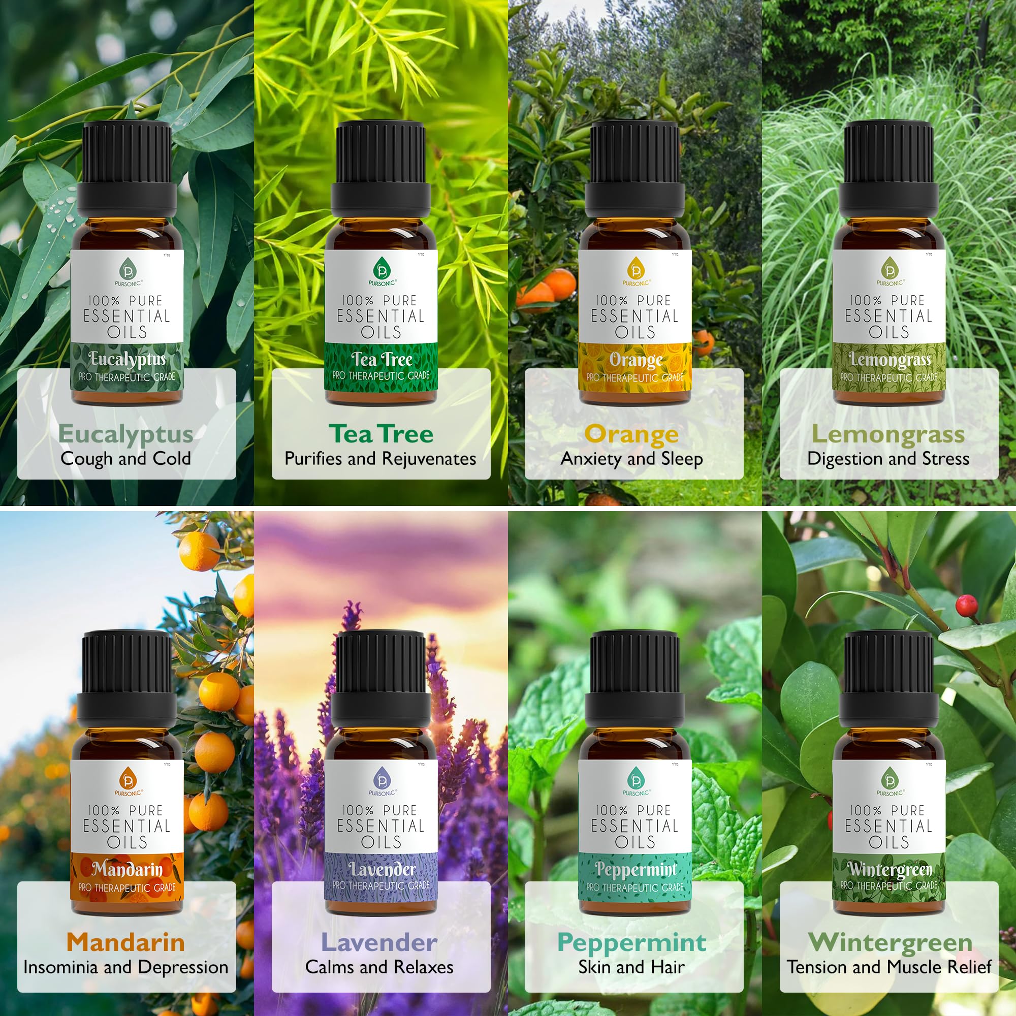Pursonic Essential Oils Set - 8 Aromatherapy Oils Blends Gift Set - 10ml Pure Essential Oils for Diffusers, Home, Massage & Bath