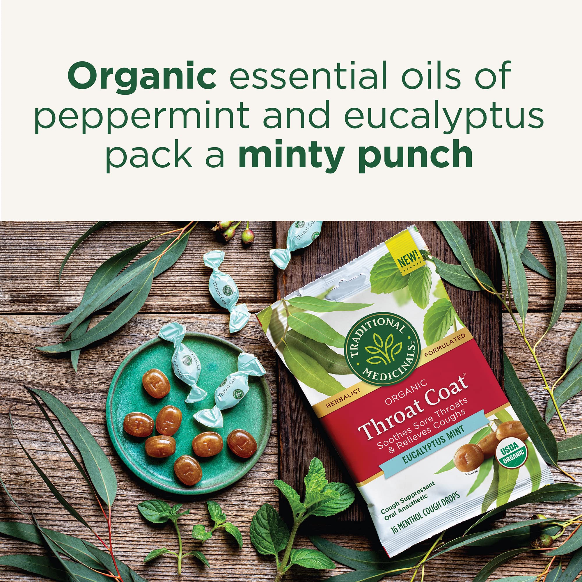 Traditional Medicinals Lozenges, Organic Throat Coat Lozenges, Eucalyptus Mint, Soothes Sore Throats & Relieves Coughs, 16 Indiv