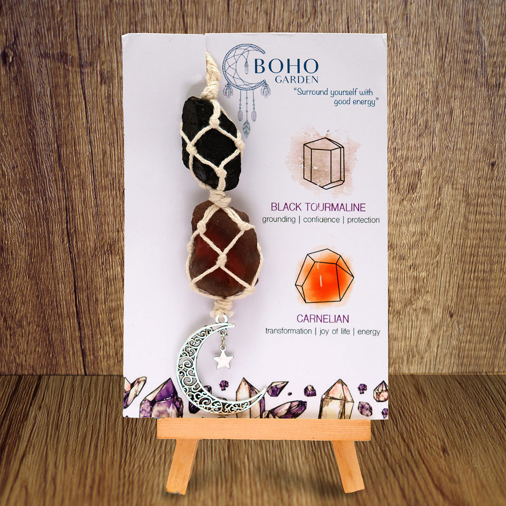 BOHO GARDEN Hanging Car Charm - Black Tourmaline & Carnelian - Dangling Moon, Healing Crystal Accessories, Rearview Mirror Decor