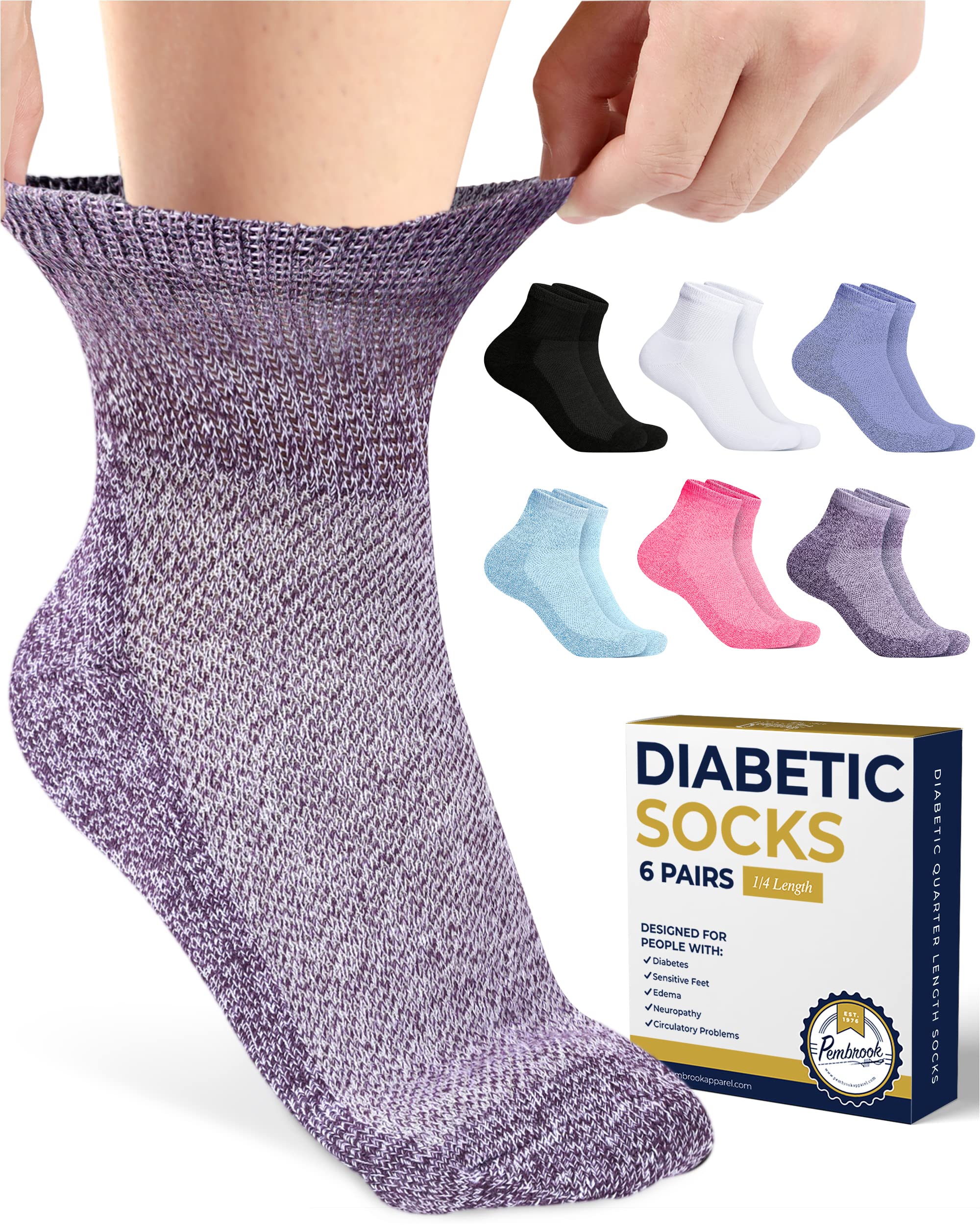 Pembrook Ankle Diabetic Socks for Men & Women | 6 Pairs | Black, White, Blue, Light Blue, Pink, Purple | Mens Diabetic Socks | D