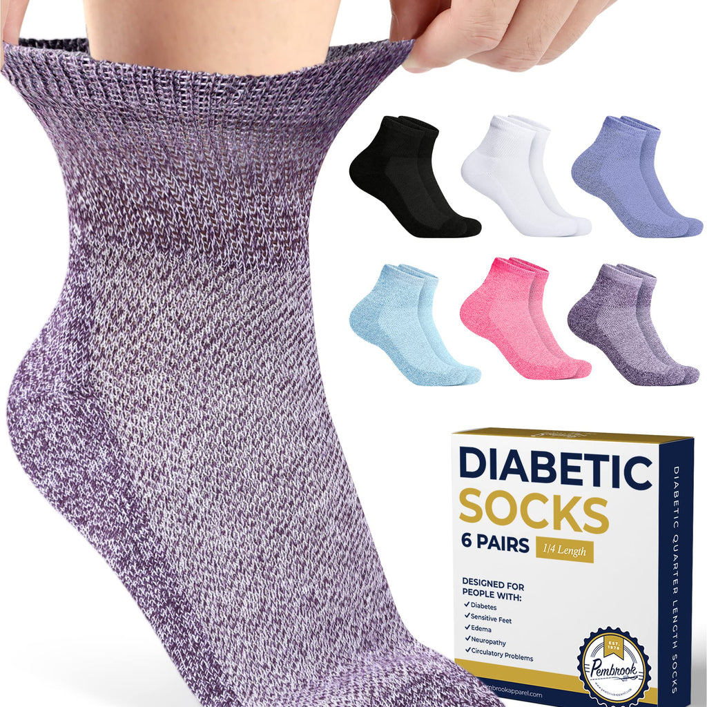 Pembrook Ankle Diabetic Socks for Men & Women | 6 Pairs | Black, White, Blue, Light Blue, Pink, Purple | Mens Diabetic Socks | D