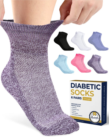 Pembrook Ankle Diabetic Socks for Men & Women | 6 Pairs | Black, White, Blue, Light Blue, Pink, Purple | Mens Diabetic Socks | D