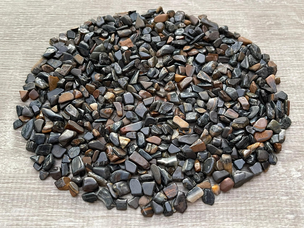 GAF TREASURES 2 oz Lot Natural Blue Tiger Eye Semi Tumbled Gemstone Chips, Crushed Mini Crystals, Undrilled Crystal Chips (Blue