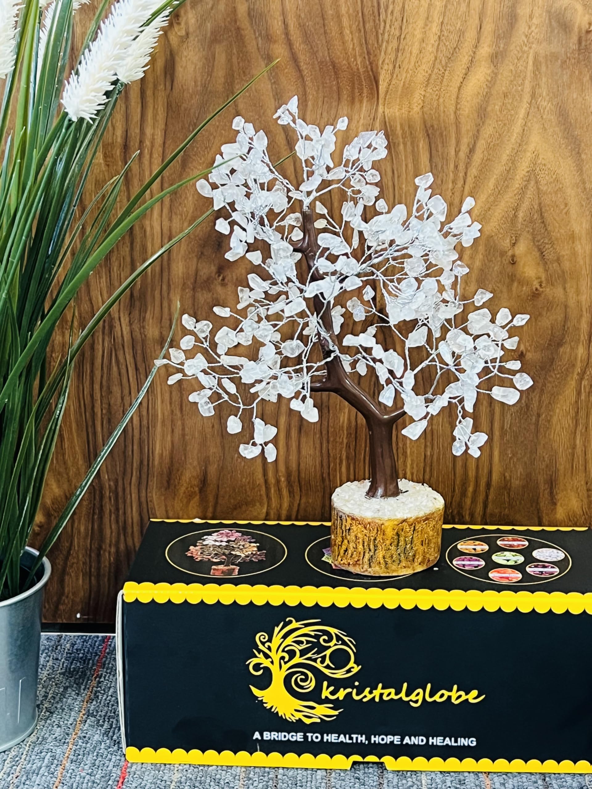 KRISTALGLOBE Clear Quartz Crystal Tree of Life with 300 Beads - Handmade Gemstone Bonsai Tree for Clarity & Energy Amplification